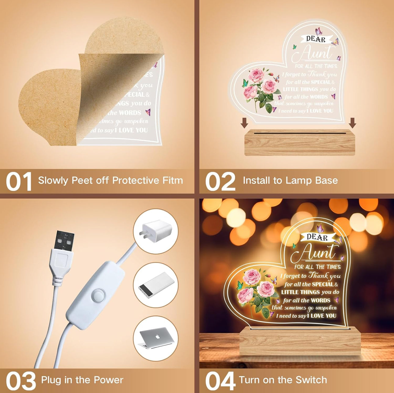 Mother’s / Aunt Love 3D Acrylic USB Night Lamp With Wooden Base