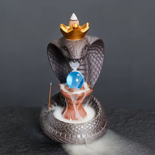 Ceramic Cobra Snake Crystal Ball Back Flow Incense Holder + 10 Free Incense Cones