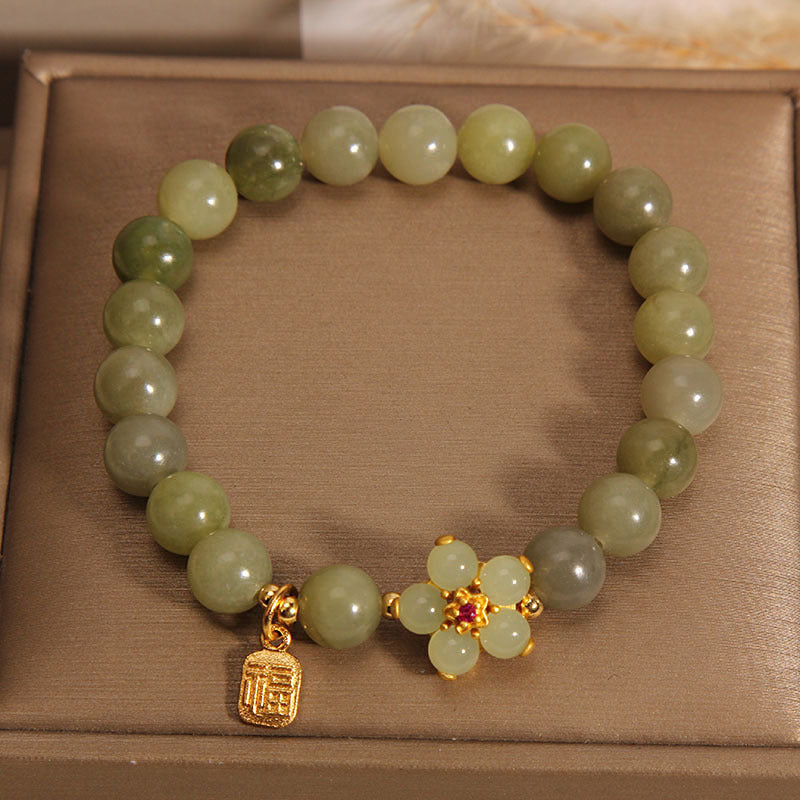 Natural Green Jade Flower Fu Character Lucky Charm Bracelet (8mm)
