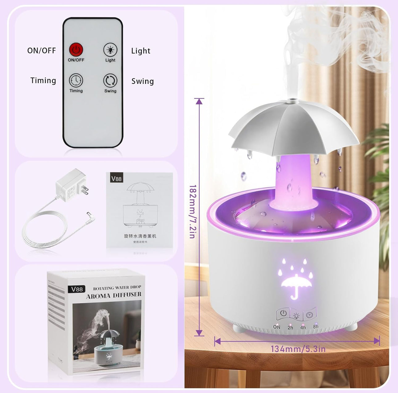 White Umbrella Rain Humidifier, 7-Color LED Rotating Aroma Diffuser With Remote