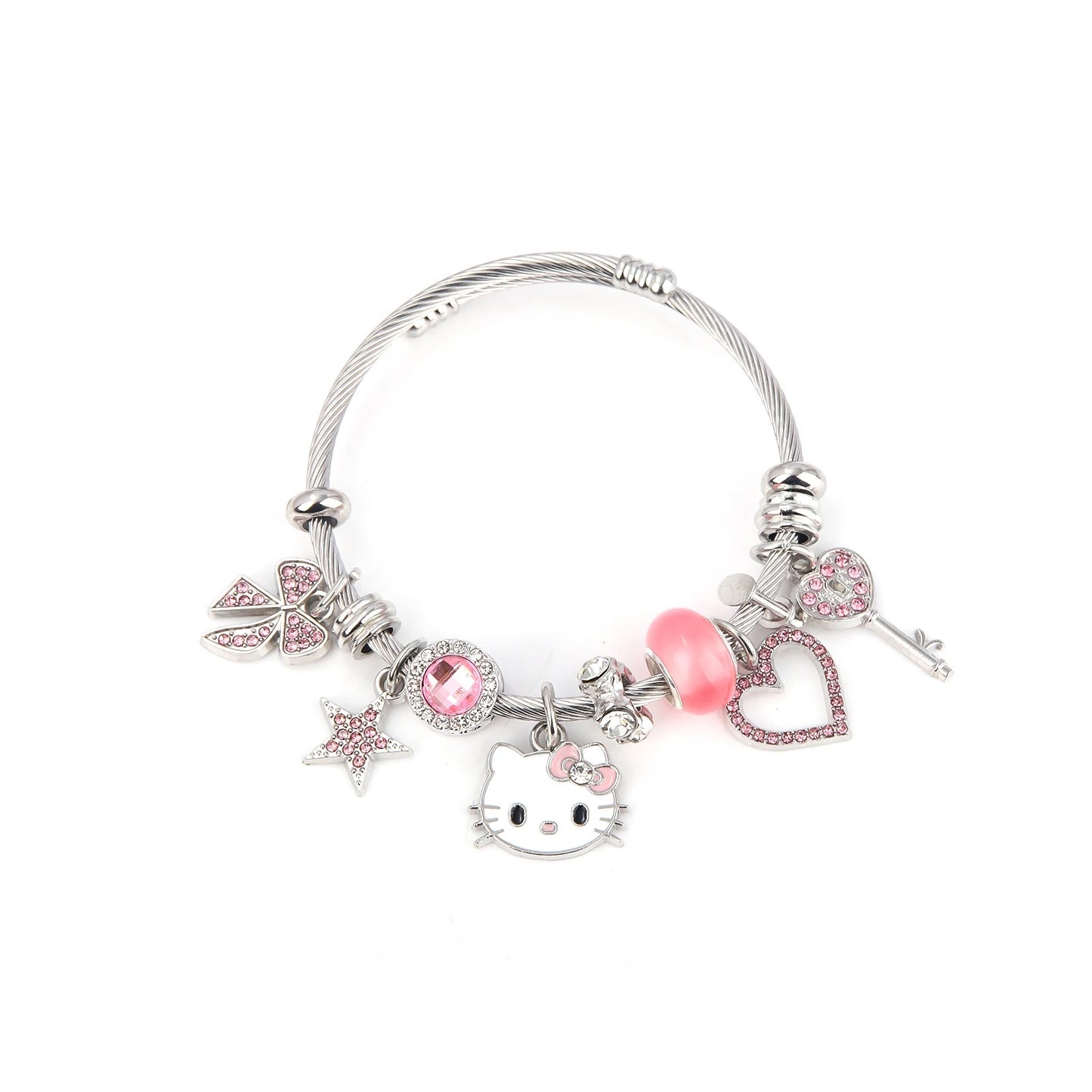Stainless Steel Hello Kitty Pink Zircon Charm Bracelet