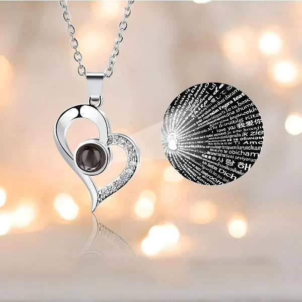 Stainless Steel Projection of “I Love You” in 100 Languages Heart Necklace