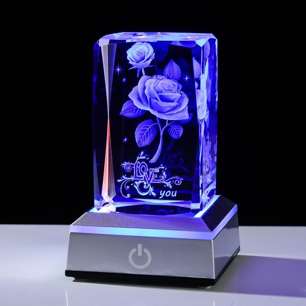 K9 Glass Crystal 3D Laser Engraved Rose Lamp (I Love You)