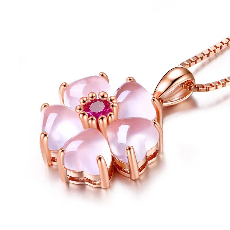 Stainless Steel Rose Quartz Pink Zirconia Clover Necklace