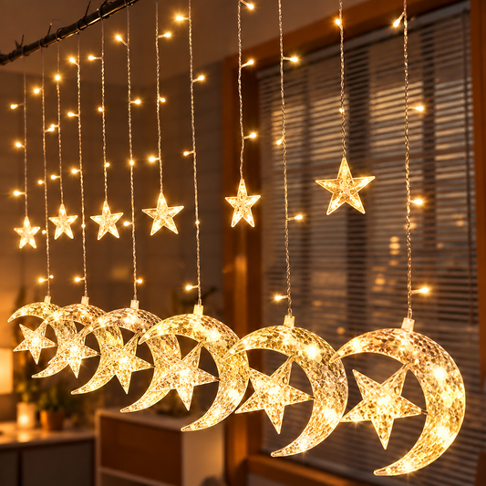 Decorative LED Curtain String Lights – Moon & Star Combined Design | RGB & Warm Yellow