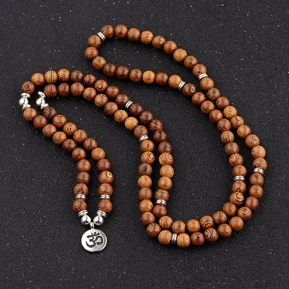 Multilayer Wooden 108 Bead Prayer Mala Necklace + OM Charm (8mm)