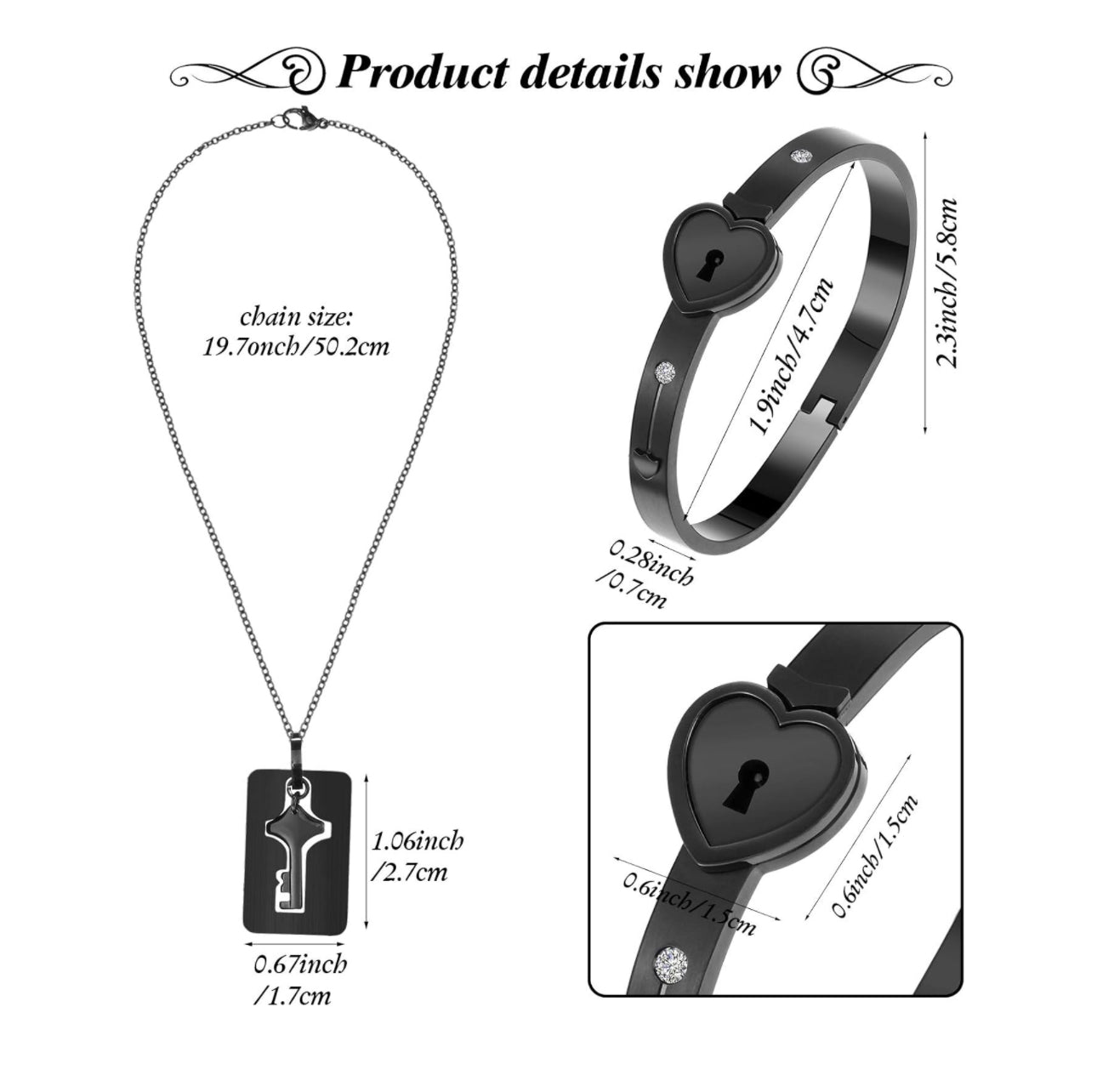 Stainless Steel Couples Lock Bracelet & Key Necklace Set.