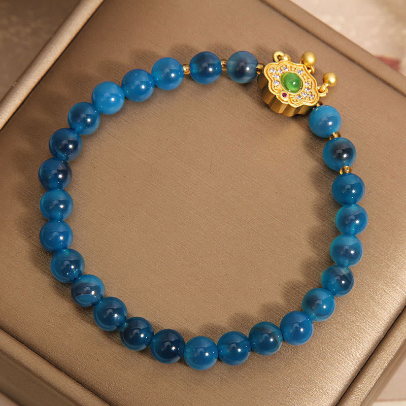 Blue Candy Agate Chinese Lock Charm Healing Bracelet (6mm)