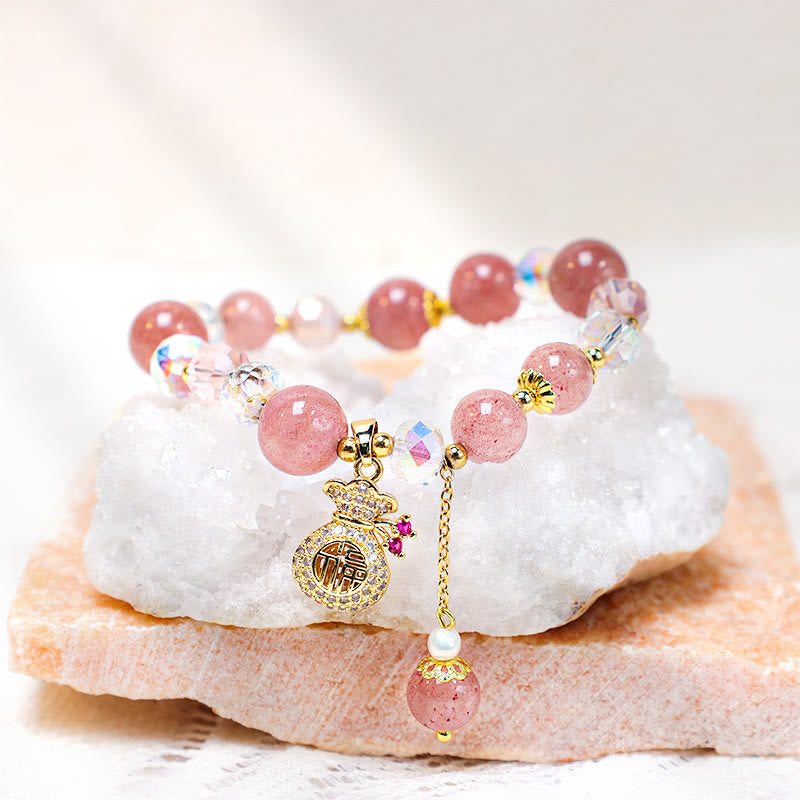 Natural Strawberry Quartz Crystal Money Bag Charm Positive Bracelet (8mm)