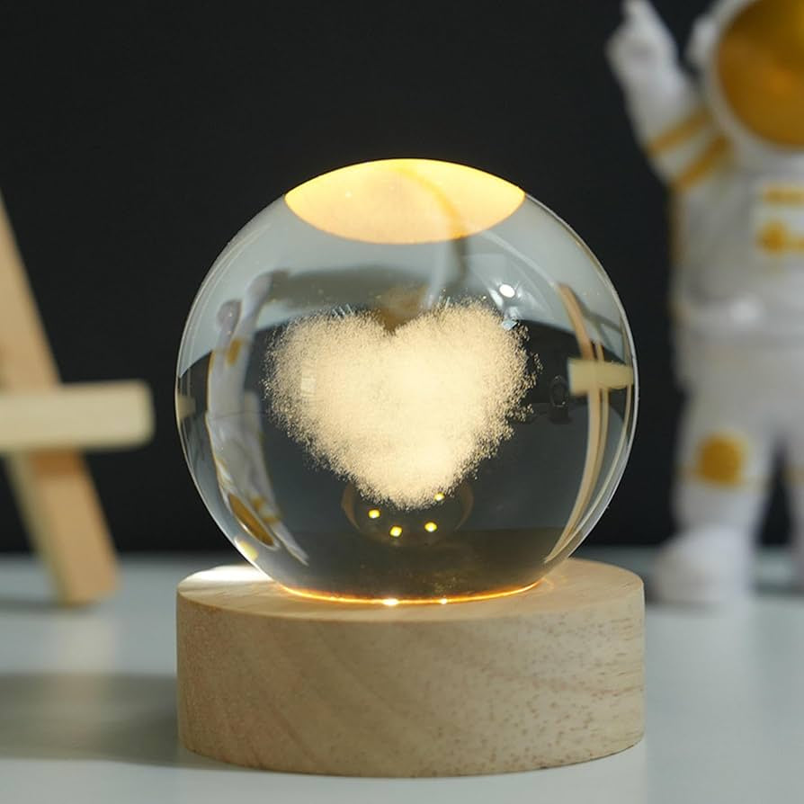 3D Laser Engraved 8cm Glass Crystal Ball Lamp (Heart Cloud)