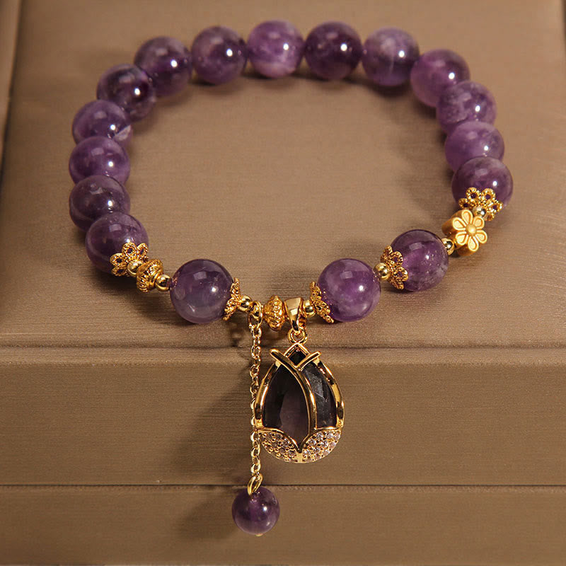 Natural Amethyst Lotus Pud Charm Bracelet (8MM Beads)