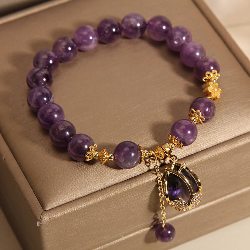 Natural Amethyst Lotus Pud Charm Bracelet (8MM Beads)