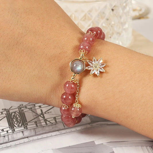 Natural Strawberry Quartz Healing Positive Zircon Flower Charm Bracelet (8mm)