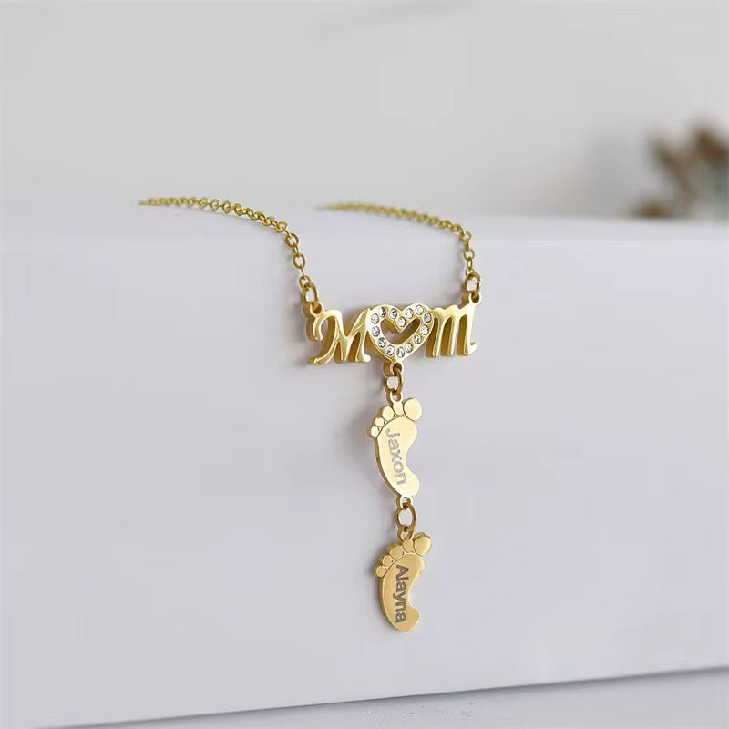 Customizable Stainless Steel MOM & Children Design Feet Engraving Necklace