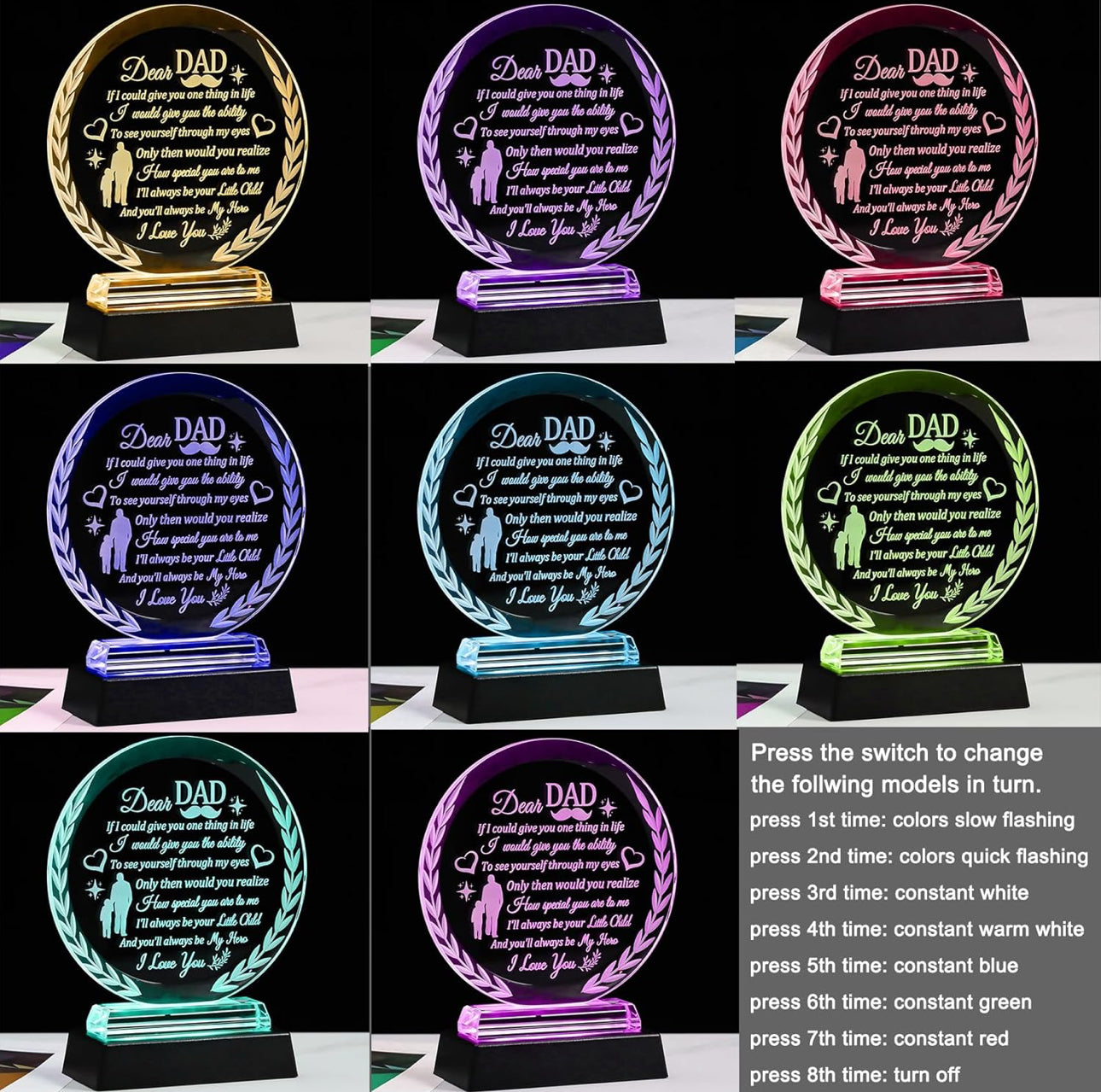 Father’s Love 3D K9 Glass Crystal 3D Laser Engraved Lamp Will