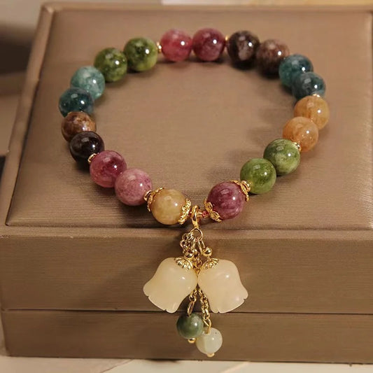 Natural Tourmaline Flower Bead Charm Bracelet (8MM)