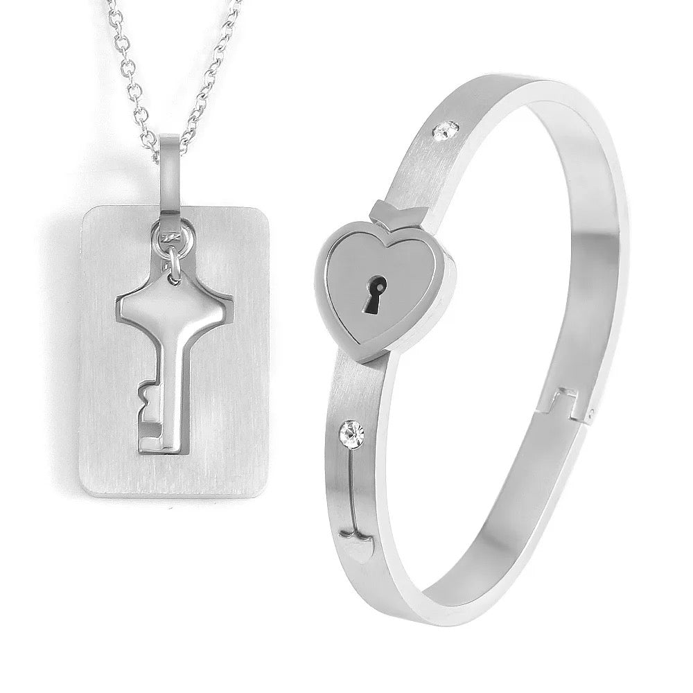 Stainless Steel Couples Lock Bracelet & Key Necklace Set.