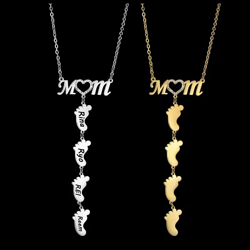 Customizable Stainless Steel MOM & Children Design Feet Engraving Necklace