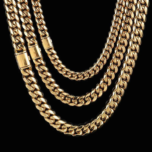 Thick Stainless Steel Cuban Link Chain & Bracelet (Gold)