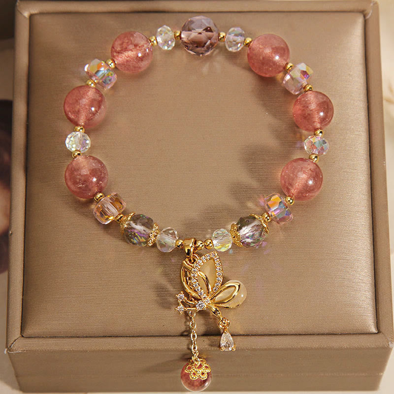 Natural Strawberry Quartz Healing Positive Butterfly Zircon Charm Bracelet (8mm)