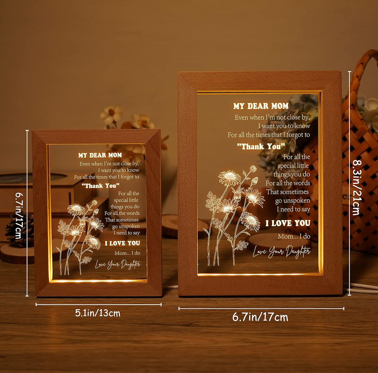 Mother & Daughter Love Bond 3D Acrylic USB Night Lamp With Wooden Frame