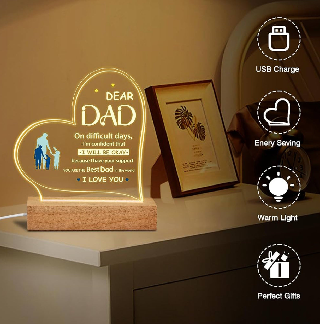 Father’s Love 3D Acrylic Night Lamp With Wooden Base