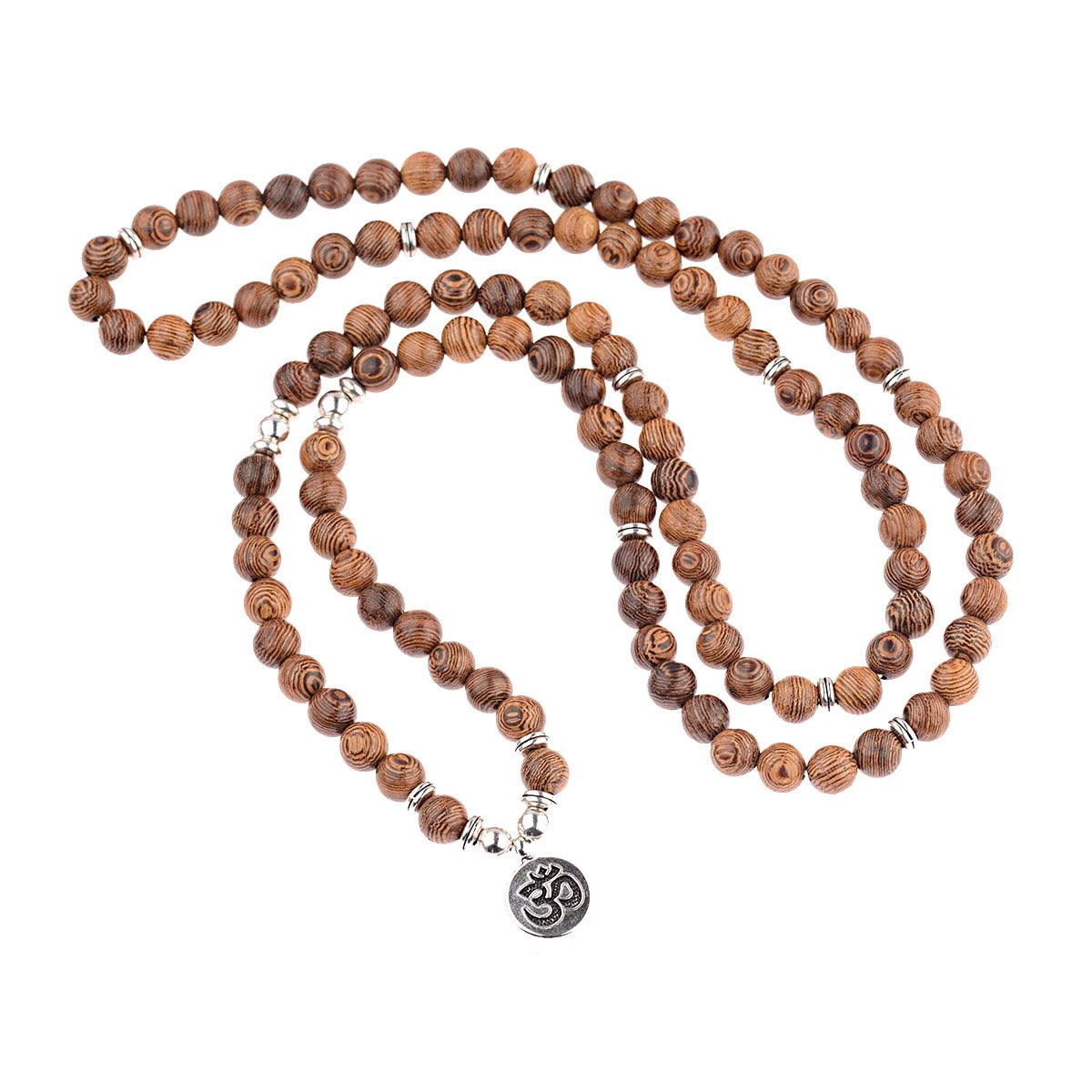 Multilayer Wooden 108 Bead Prayer Mala Necklace + OM Charm (8mm)