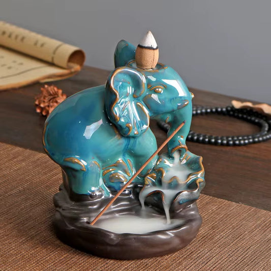 Ceramic Elephant Designed Back-Flow Incense Holder + 10 Free Incense Cones