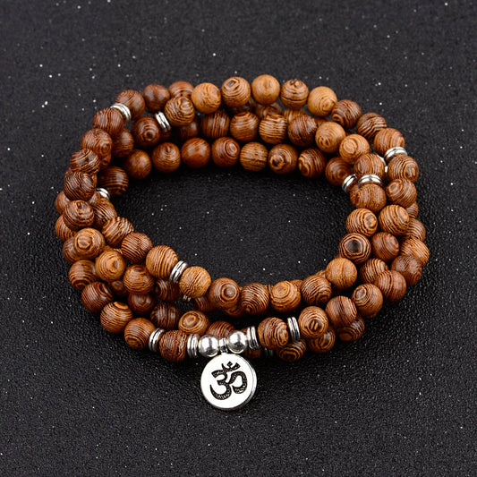 Multilayer Wooden 108 Bead Prayer Mala Necklace + OM Charm (8mm)