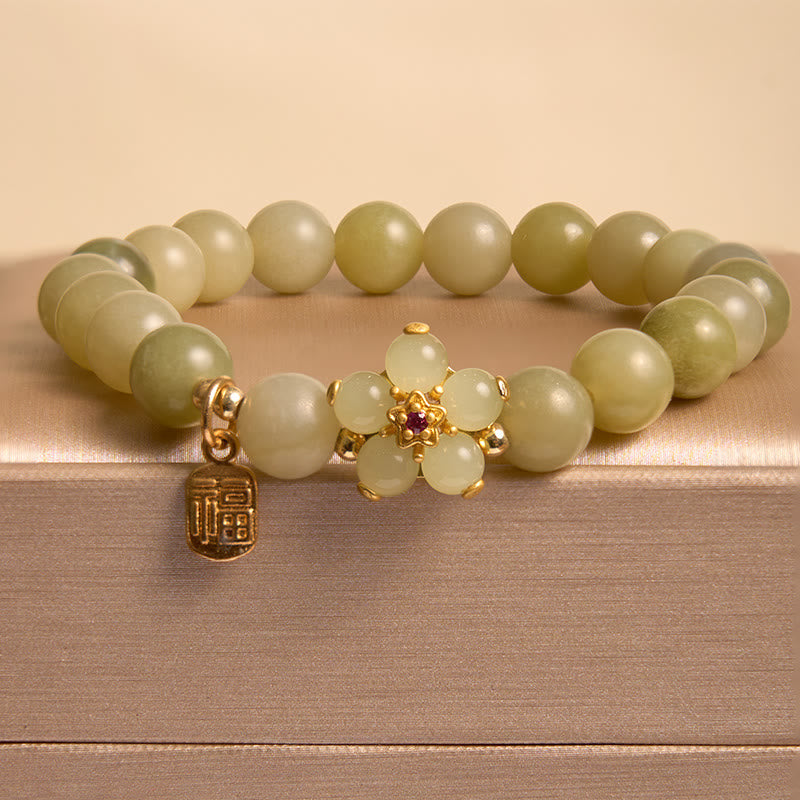Natural Green Jade Flower Fu Character Lucky Charm Bracelet (8mm)