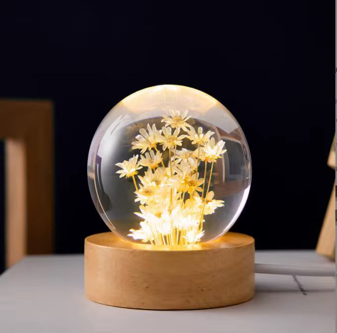 8cm Eternal Flower Sphere Lamp with LED Wooden Light Base, USB (Red & White Daisy)