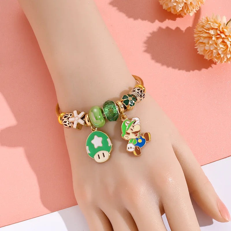 Stainless Steel Mario & Luigi Mushroom Charm Bracelet
