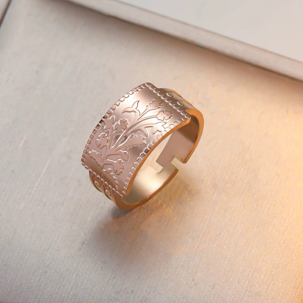 Vintage Floral Embossed Adjustable Stainless Steel Ring