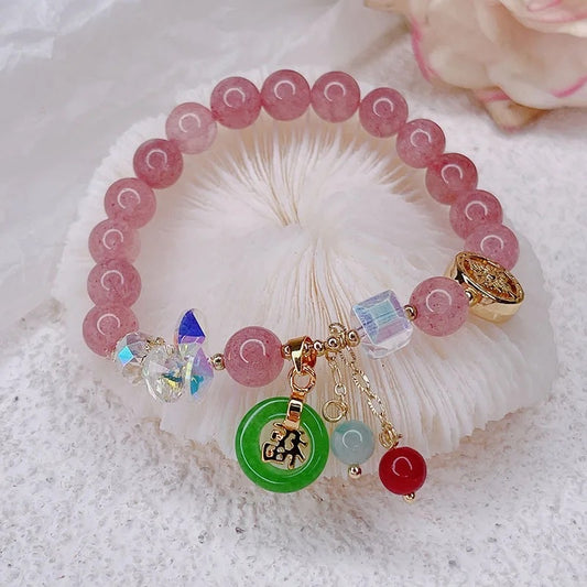 Strawberry Quartz Crystal Jade Charm Bracelet