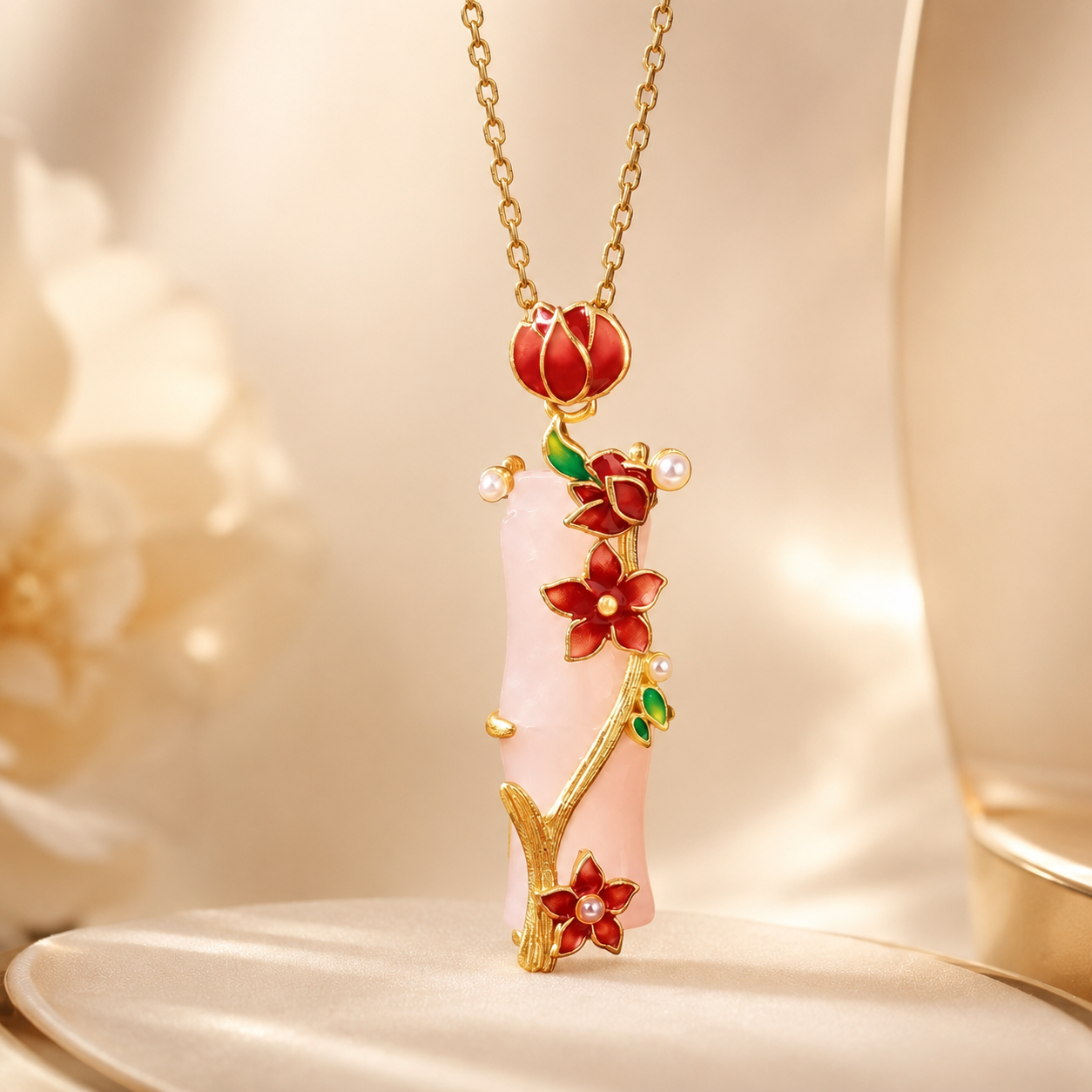 White Jade Floral Bamboo Necklace
