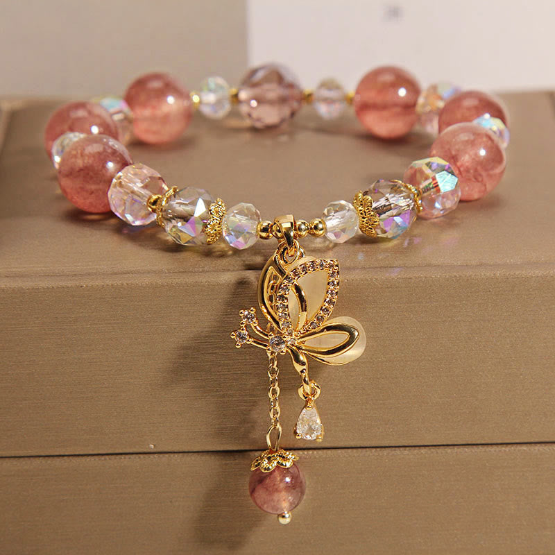 Natural Strawberry Quartz Healing Positive Butterfly Zircon Charm Bracelet (8mm)