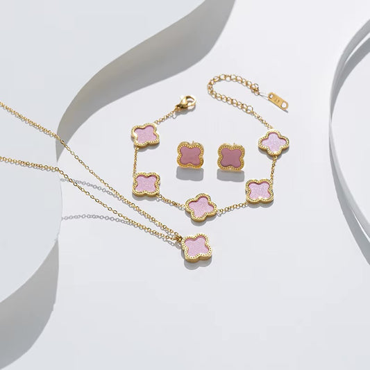 High Quality Stainless Steel Van Cleef Inspired Clover 3pc Set (Baby Pink)