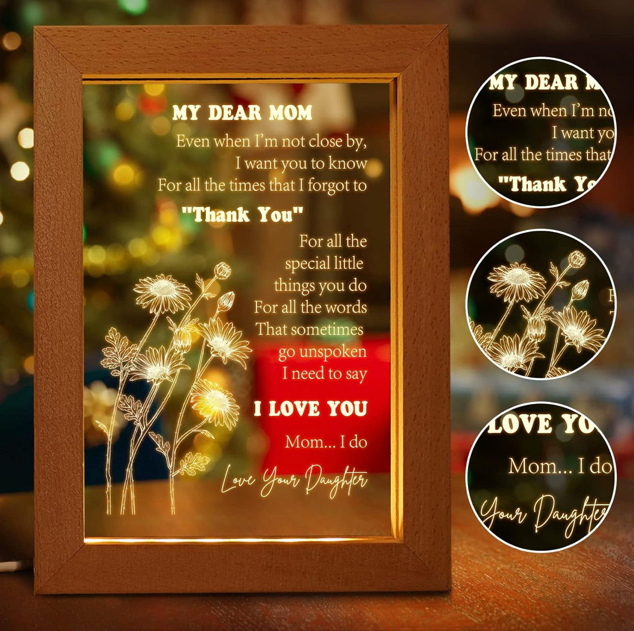 Mother & Daughter Love Bond 3D Acrylic USB Night Lamp With Wooden Frame