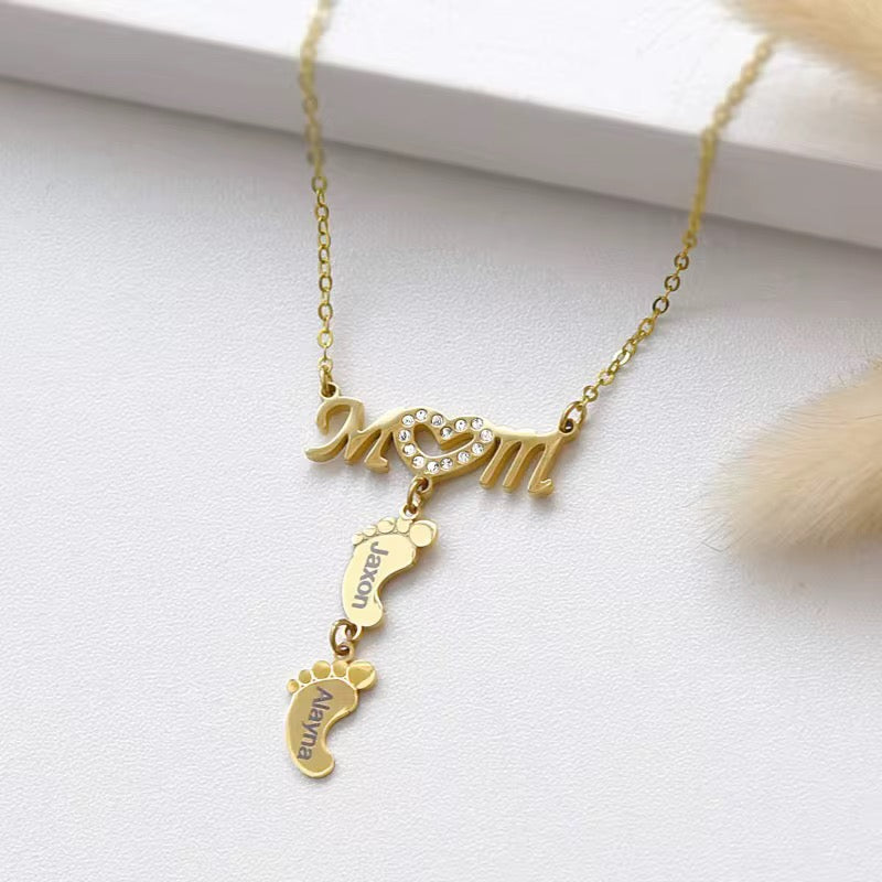 Customizable Stainless Steel MOM & Children Design Feet Engraving Necklace