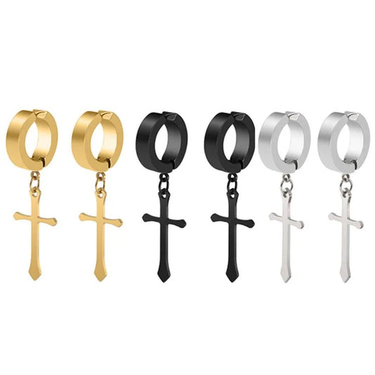 Unisex-Men’s Stainless Steel Clip On Cross Earrings (No Piercing Earrings)