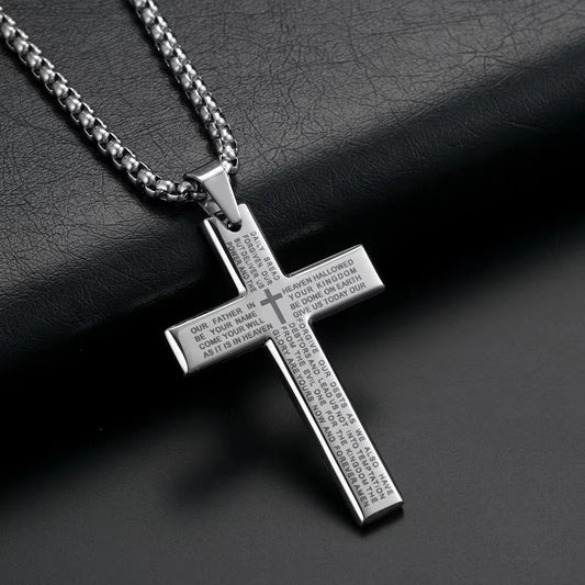 Stainless Steel Christian Cross Necklace With âOur Father Prayerâ Engraved