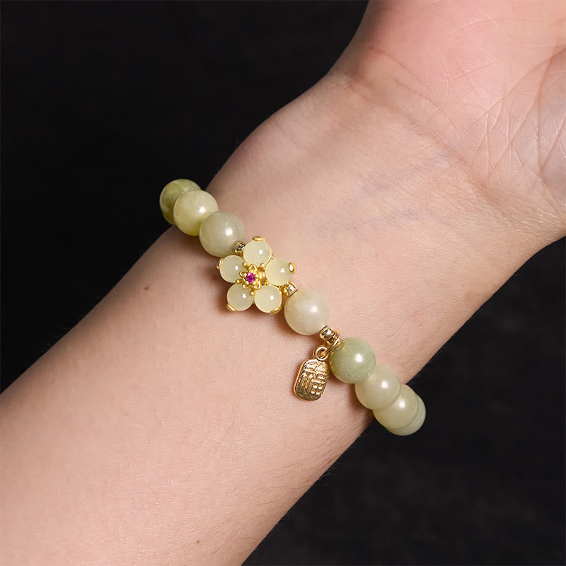 Natural Green Jade Flower Fu Character Lucky Charm Bracelet (8mm)