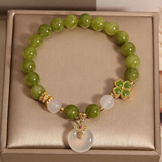 Green Tourmaline Chalcedony Four Leaf Clover Peace Buckle Charm Wisdom Bracelet (8MM)