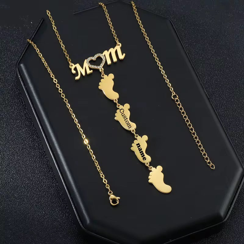 Customizable Stainless Steel MOM & Children Design Feet Engraving Necklace