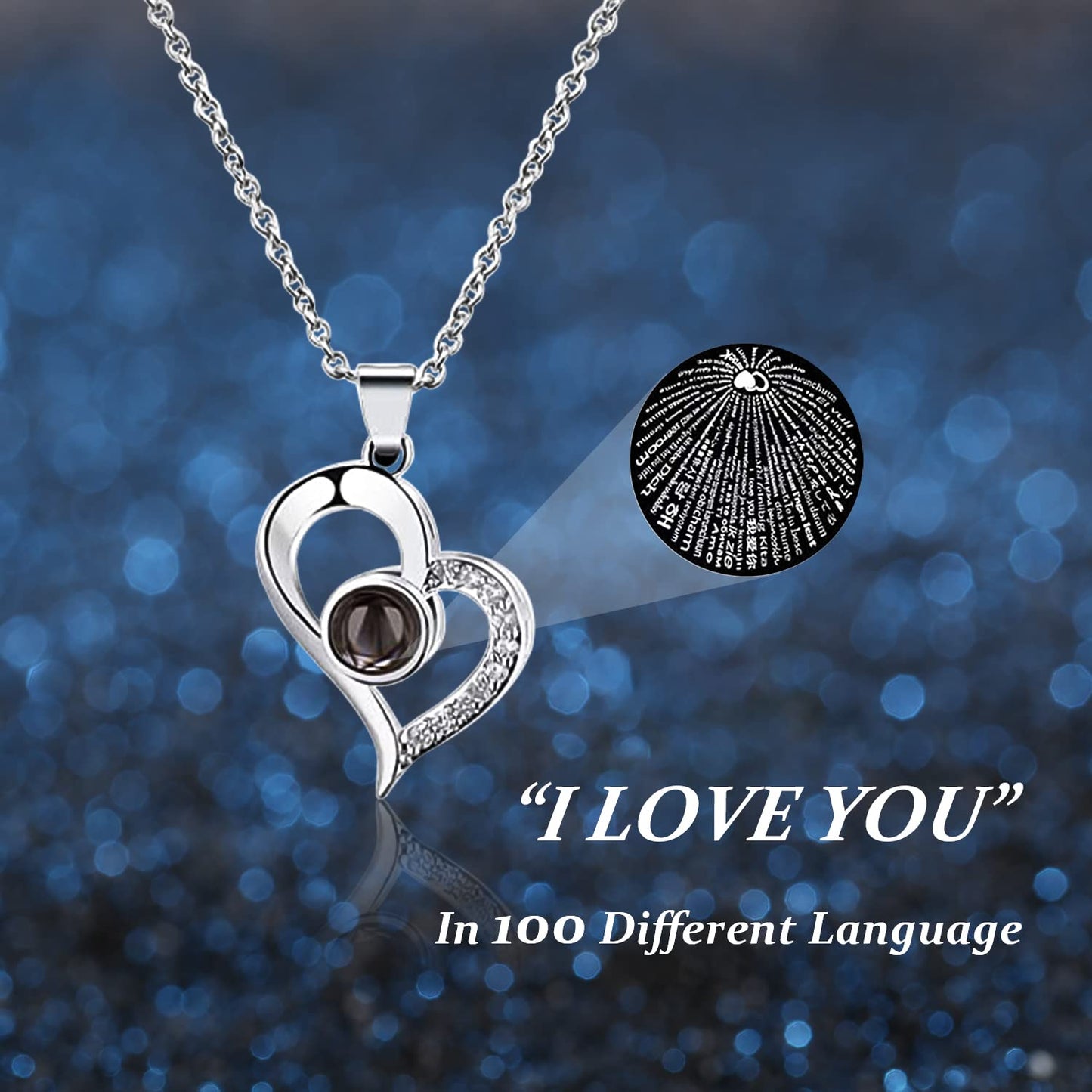 Stainless Steel Projection of “I Love You” in 100 Languages Heart Necklace