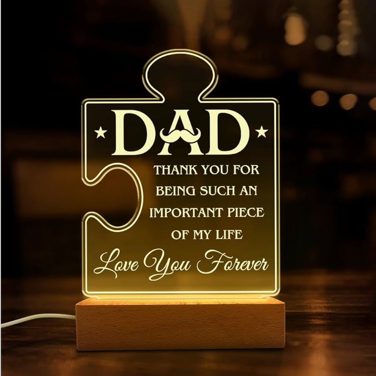 Father’s Love 3D Acrylic Night Lamp With Wooden Base - Puzzle Design