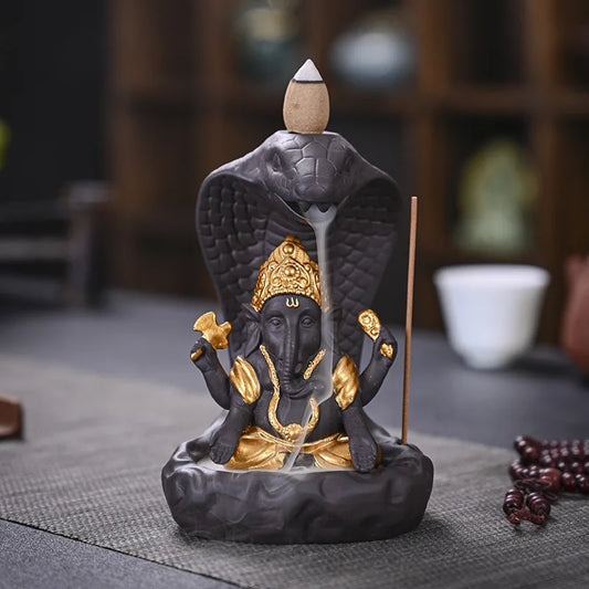 Ceramic Lord Ganesh on Cobra Snake Back Flow Incense Holder + 10 Free Incense Cones