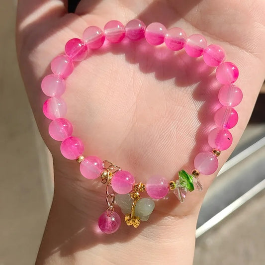Pink Cherry Crystal Butterfly Jade Charm Bracelet (8mm)