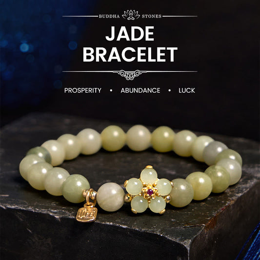 Natural Green Jade Flower Fu Character Lucky Charm Bracelet (8mm)