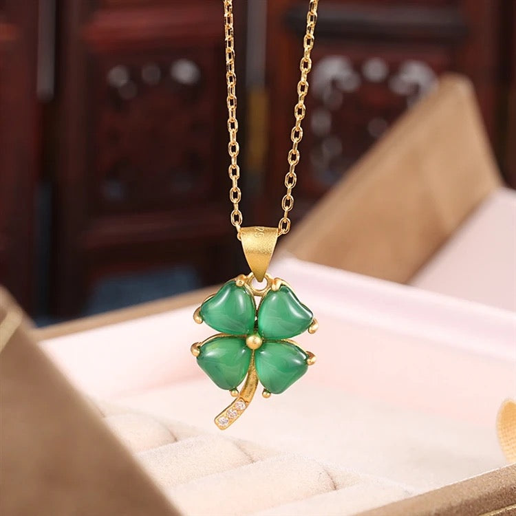 Mini Dainty Green Jade Clover Necklace